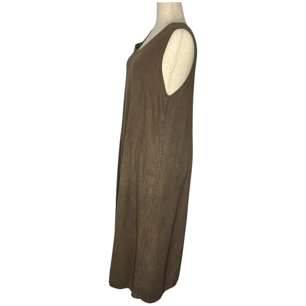 Cynthia Ashby Women's Linen Dress L Brown Midi Lagenlook Pinafore Sleeveless - Picture 2 of 9